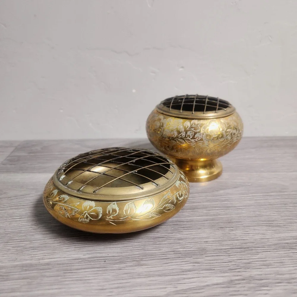 Vintage Etched Brass Rose Bowl Set with‎ Engraved Flowers Frog Mesh Insense Bowl